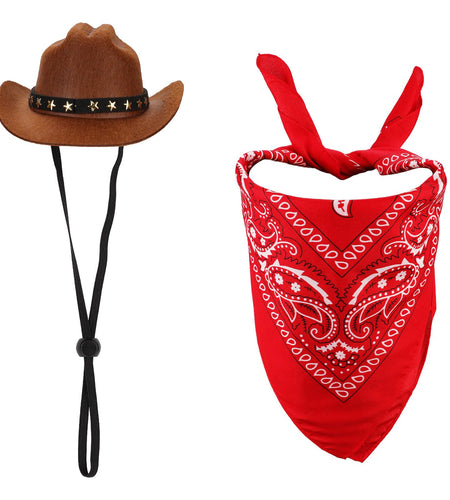 PEUTIER Pet Cowboy Costume Dog Hat & Bandana Brown Red Small