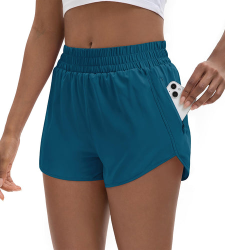 SAFWAK Women's High Waisted Running Shorts Quick Dry Zipper Pocket Turquoise L