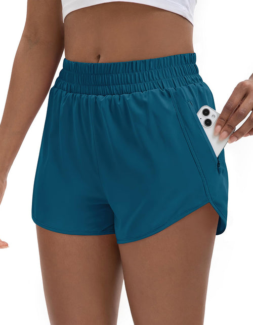 Load image into Gallery viewer, SAFWAK Women's High Waisted Running Shorts Quick Dry Zipper Pocket Turquoise L
