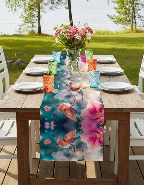 Load image into Gallery viewer, Perdecor Spring Hummingbird Pink Petals Table Runner 13x70in Cotton Linen
