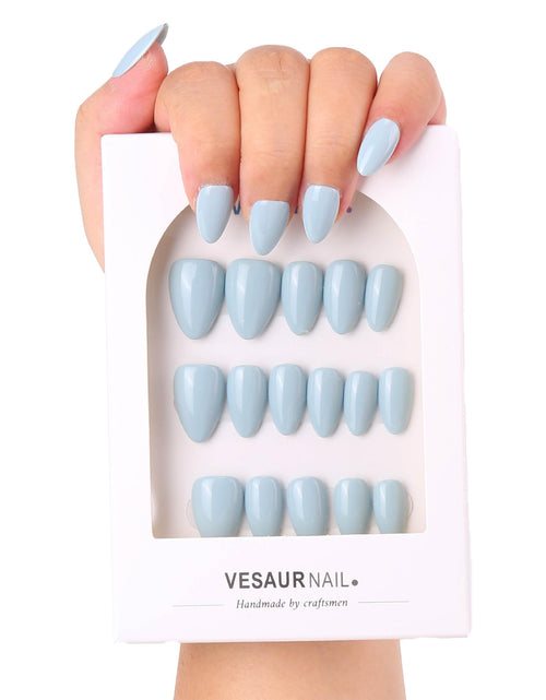 Load image into Gallery viewer, KBS Designer Handmade Press On Nails Blue Short French Tip Almond 16 Sizes Kit
