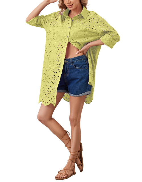 Load image into Gallery viewer, AIHUKOCY Women Hollow Out Button Down V Neck Long Sleeve Mini Dress Yellow M
