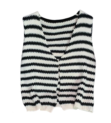 SOLY HUX Women's Striped V Neck Sweater Vest Sleeveless Cardigan Black Beige S