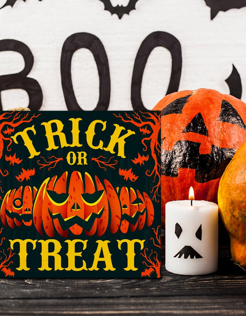 Load image into Gallery viewer, Hijie Halloween Wooden Pumpkin Sign Spooky Home Decor 5x5 Inches TREAT
