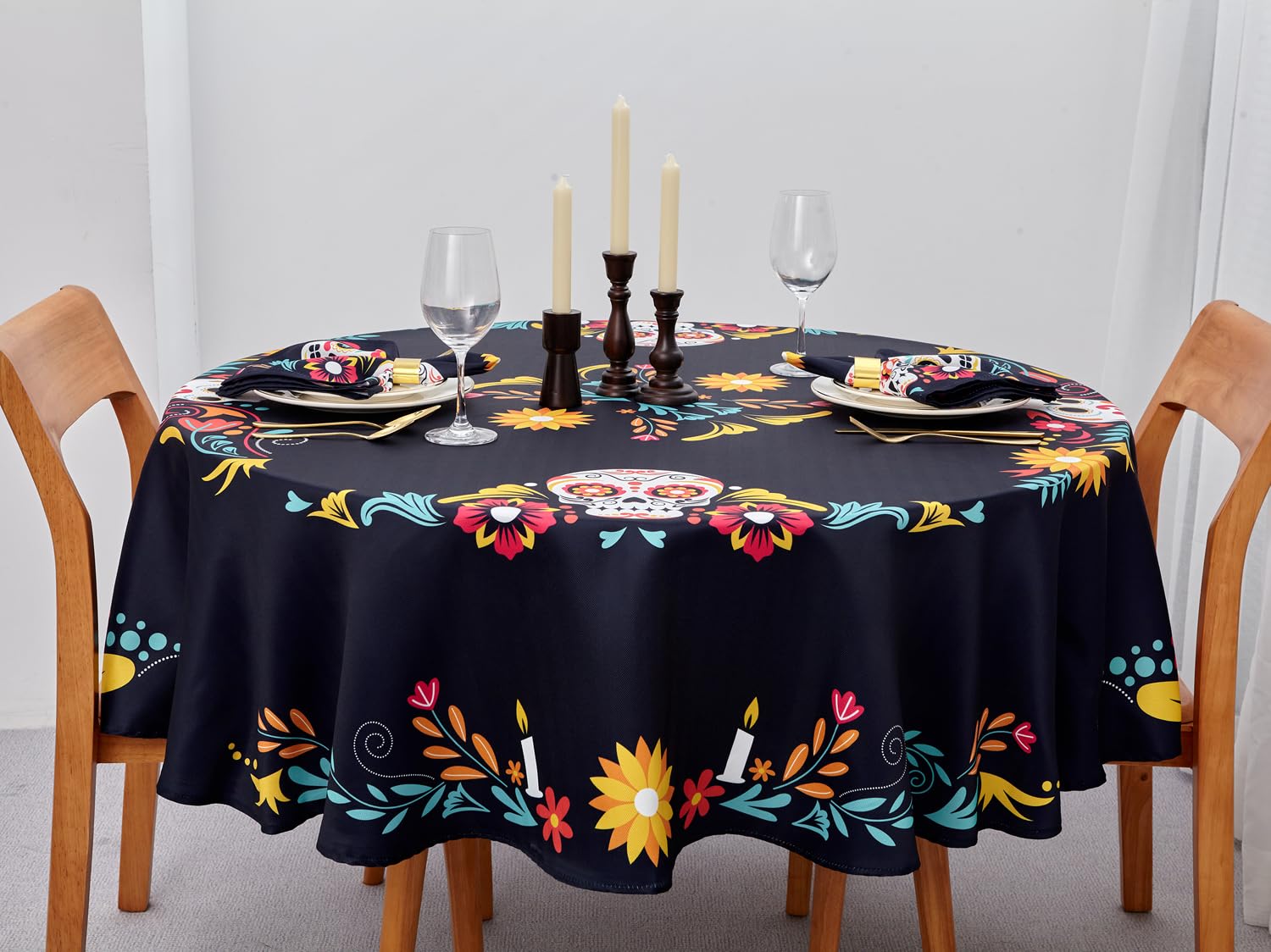 YiHomer Day of The Dead Table Runner Floral Skeleton Mask 14x72