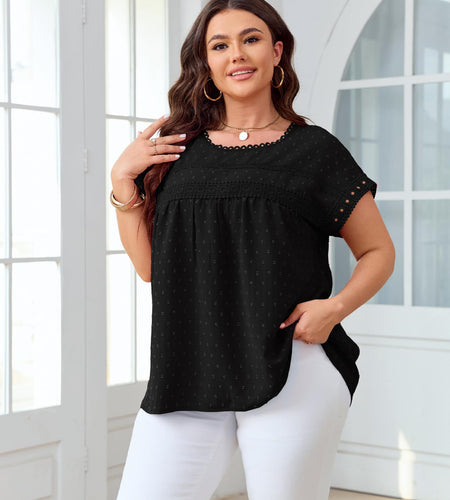 SHESTARR Women's Plus Size Crewneck Lace Crochet Short Sleeve Top Black XL Plus