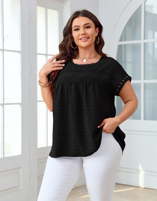 Load image into Gallery viewer, SHESTARR Women's Plus Size Crewneck Lace Crochet Short Sleeve Top Black XL Plus
