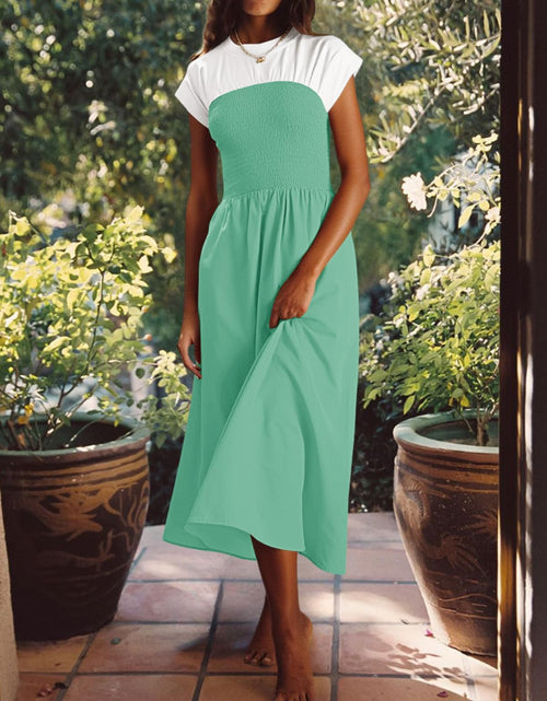 Load image into Gallery viewer, Wenrine Womens Casual Summer Midi Dress Smocked Cap Sleeve Green Size L
