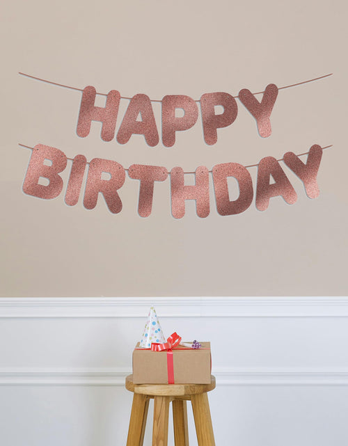 Load image into Gallery viewer, JunyRuny Pre-Strung Happy Birthday Banner Rose Gold Glitter Party Decor
