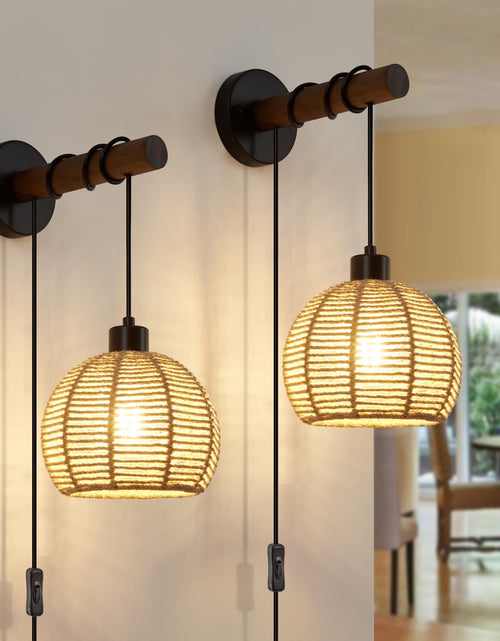 Load image into Gallery viewer, SGLfarmty Boho Rattan Plug-in Wall Sconces Set of 2 Rustic Hemp Rope
