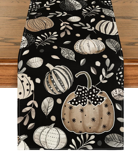 Artoid Mode Harvest Pumpkin Darkness Floral Table Runner Black 13x90 Inch