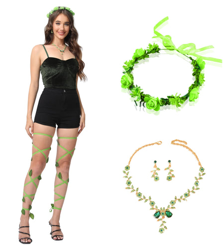 Xintorch Halloween Ivy Rave Leg Wraps Necklace Earrings Hairband Set Green