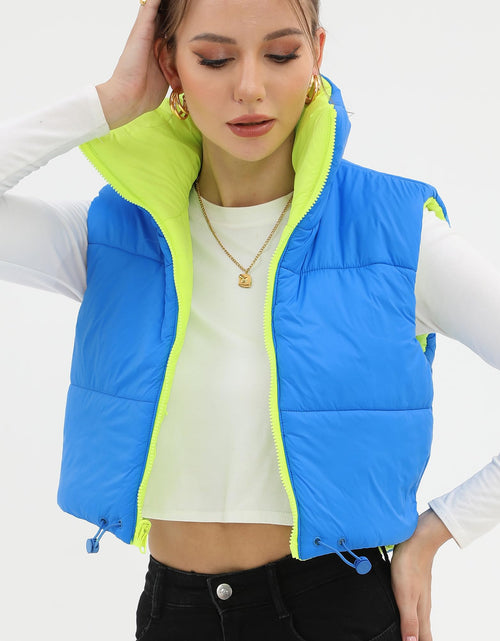 Load image into Gallery viewer, Xeoxarel Women's Reversible Puffer Cropped Vest Full Zip Sleeveless Green Blue M
