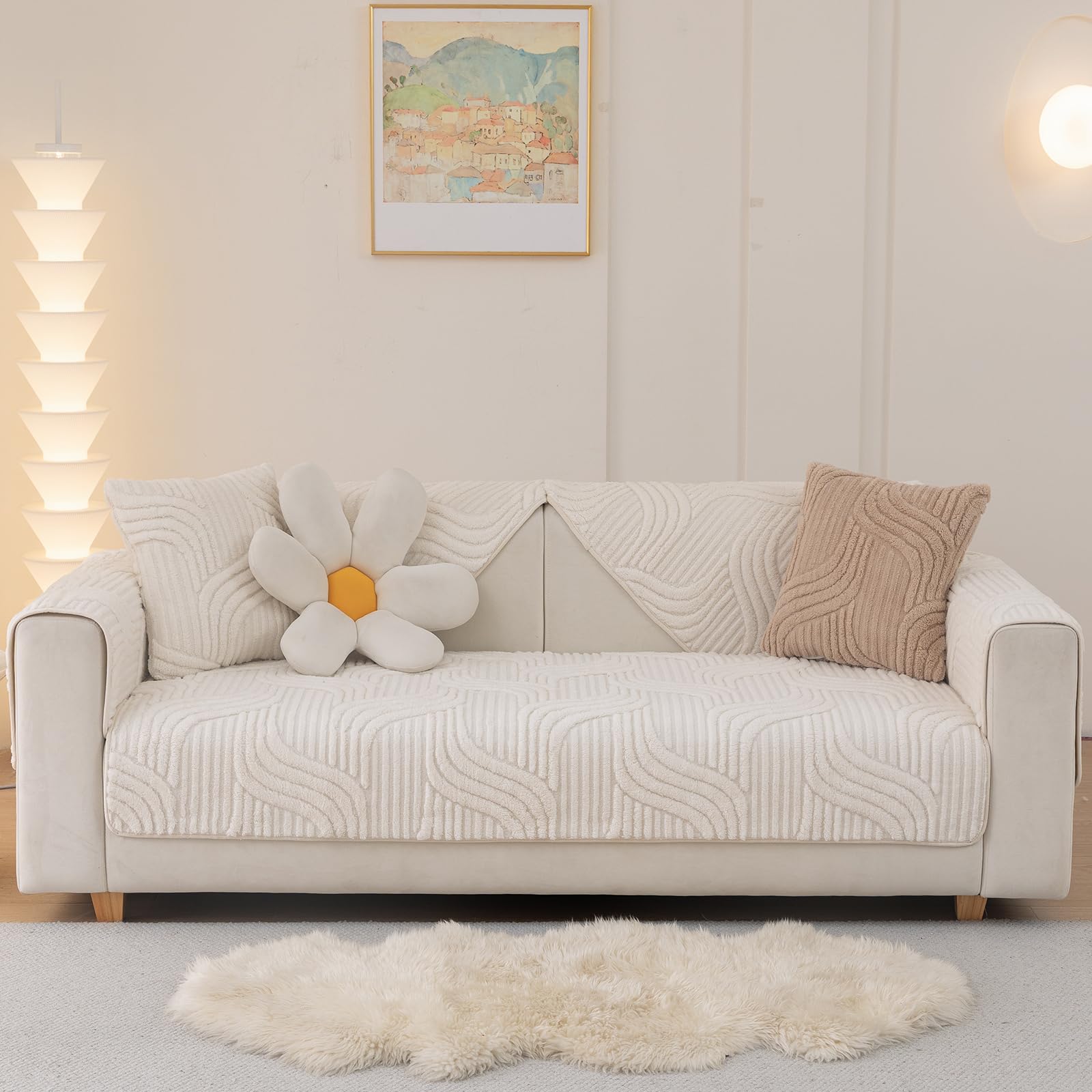 Aucrovee Plush Non Slip Sofa Cover 3 Cushion 36x63 White 1 PCS