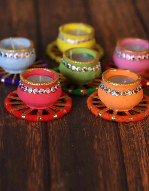 Load image into Gallery viewer, 4OUR FAITH Matki Wax Filled Diya Set Handpainted Terracotta 6 Pc Multicolor
