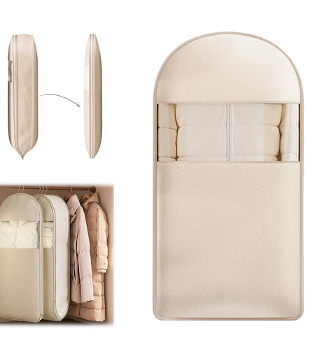 TPTAL Space Saving Hanging Garment Bag Beige with Self Compression Zipper