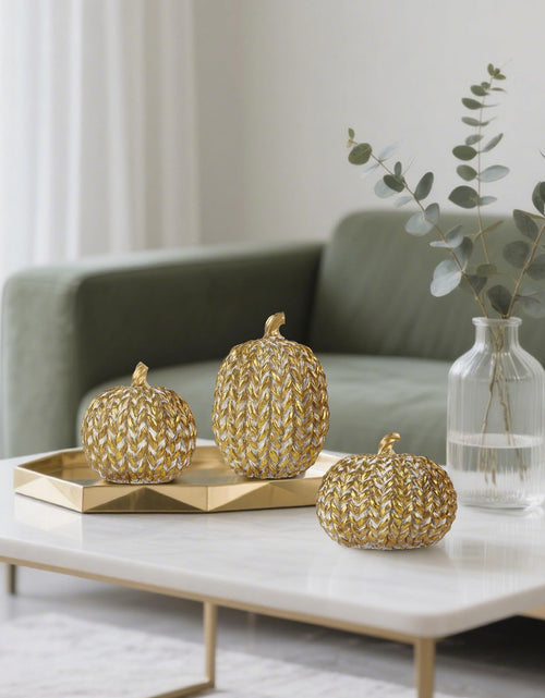 Load image into Gallery viewer, winemana Fall Decorations Set of 3 Gold White Resin Pumpkins Woven Design
