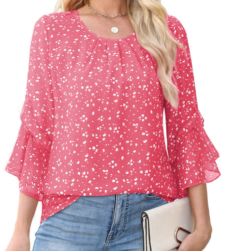 CiCiBird Women Chiffon Floral Blouse 3/4 Ruffle Sleeve Pink Size XXL