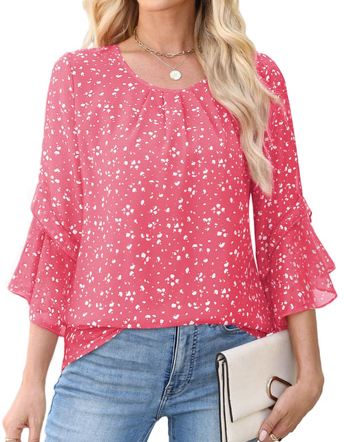 Load image into Gallery viewer, CiCiBird Women Chiffon Floral Blouse 3/4 Ruffle Sleeve Pink Size XXL
