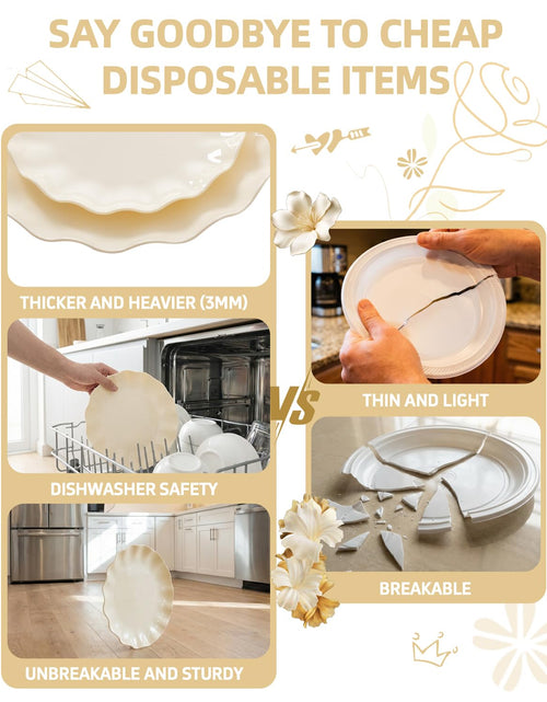 Load image into Gallery viewer, LIYH 24 Pcs Plastic Plates Reusable Scalloped Beige BPA Free 12 Guests
