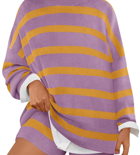MEROKEETY Women's 2 Piece Sweater Set Striped Long Sleeve Shorts Purple Size S