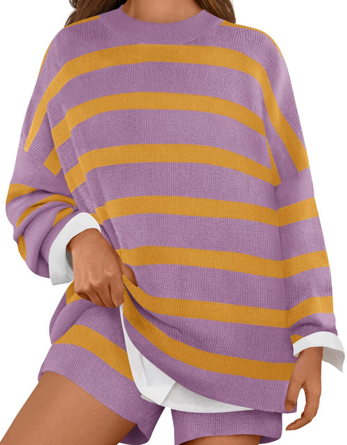 Load image into Gallery viewer, MEROKEETY Women's 2 Piece Sweater Set Striped Long Sleeve Shorts Purple Size S
