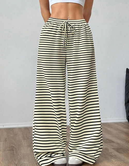 Load image into Gallery viewer, GUOLEZEEV Women Lounge Pants Elastic Waist Striped Y2K Sleepwear Black Apricot L
