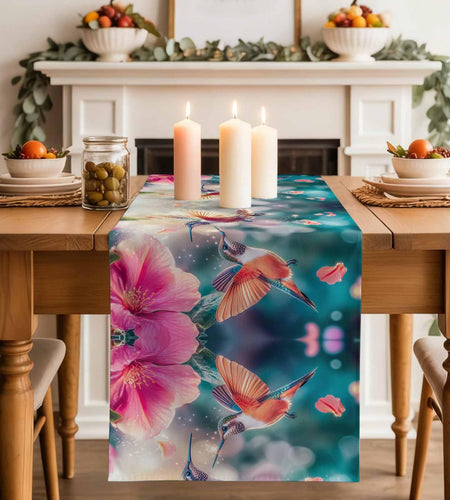 Perdecor Spring Hummingbird Pink Petals Table Runner 13x70in Cotton Linen