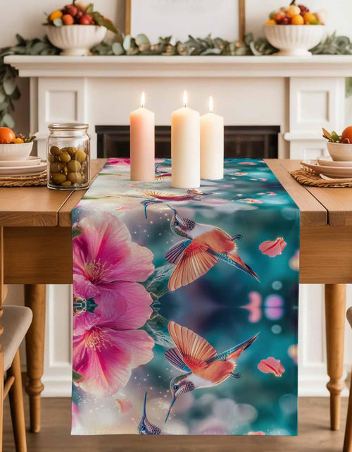 Load image into Gallery viewer, Perdecor Spring Hummingbird Pink Petals Table Runner 13x70in Cotton Linen
