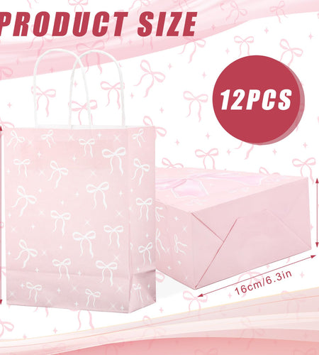 BOXOB Pink Bow Gift Bags 12pcs 8.27x6.3x3.15in Pink White Party Favor