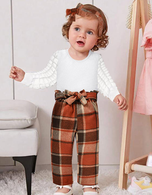 Load image into Gallery viewer, TITKKOP Toddler Baby Girl Ribbed Top Plaid Pants Belt Set Orange Grid Size 4-5T

