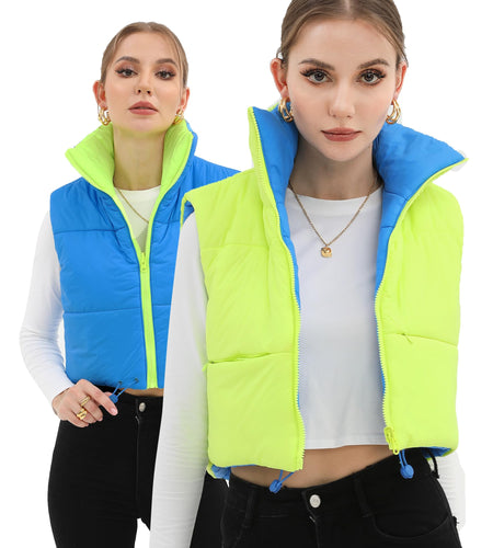 Xeoxarel Women's Reversible Puffer Cropped Vest Full Zip Sleeveless Green Blue M