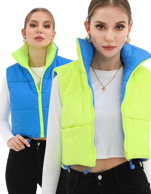 Load image into Gallery viewer, Xeoxarel Women's Reversible Puffer Cropped Vest Full Zip Sleeveless Green Blue M
