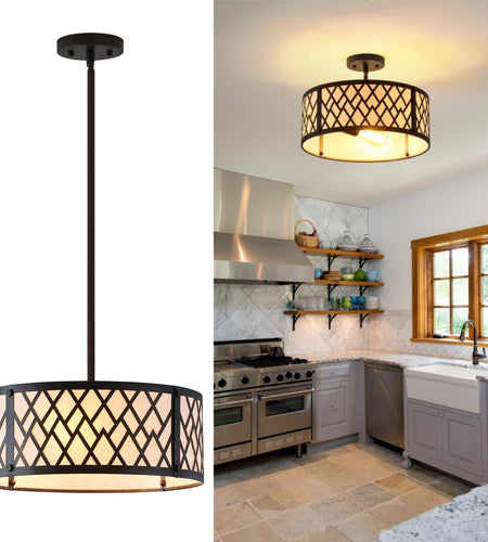 SGLfarmty 15.7in Black Drum Chandelier 3 Light Ceiling Fixture Farmhouse Pendant