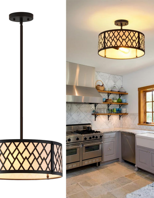 Load image into Gallery viewer, SGLfarmty 15.7in Black Drum Chandelier 3 Light Ceiling Fixture Farmhouse Pendant
