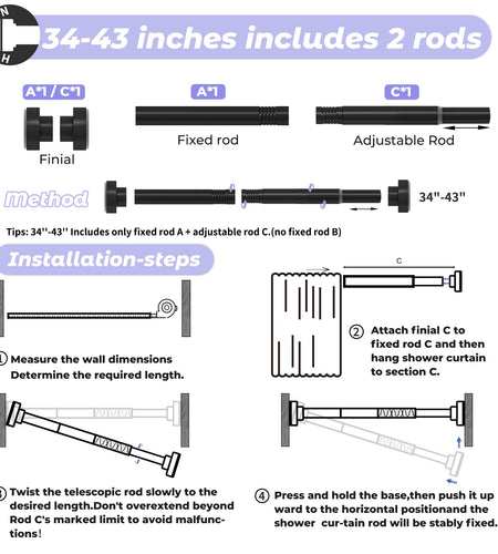 HTZON Adjustable Tension Shower Curtain Rod 34-43in Black Heavy Duty Iron