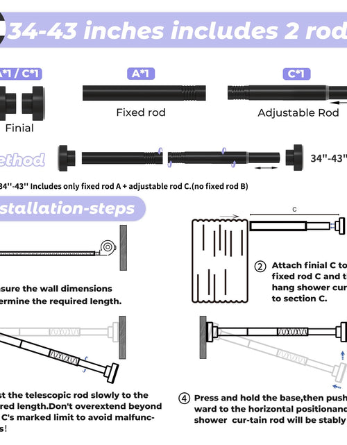 Load image into Gallery viewer, HTZON Adjustable Tension Shower Curtain Rod 34-43in Black Heavy Duty Iron
