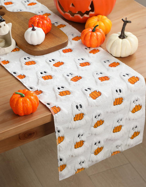 Load image into Gallery viewer, Frienda Fall Ghost Pumpkin Table Runner Ivory Plush 13x72 Inch

