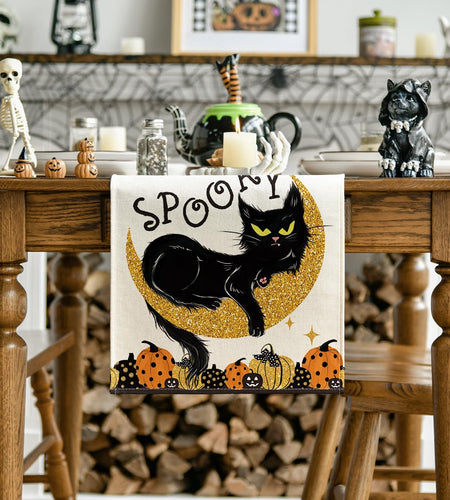 Artoid Mode Halloween Table Runner Black Cat Pumpkins Moon 13x72 Inch Beige