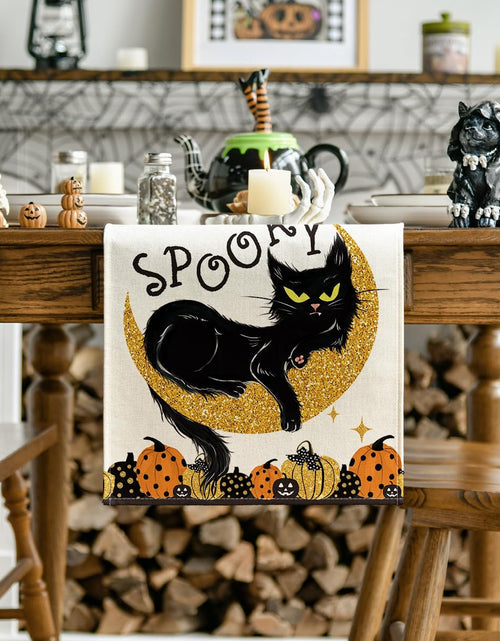 Load image into Gallery viewer, Artoid Mode Halloween Table Runner Black Cat Pumpkins Moon 13x72 Inch Beige
