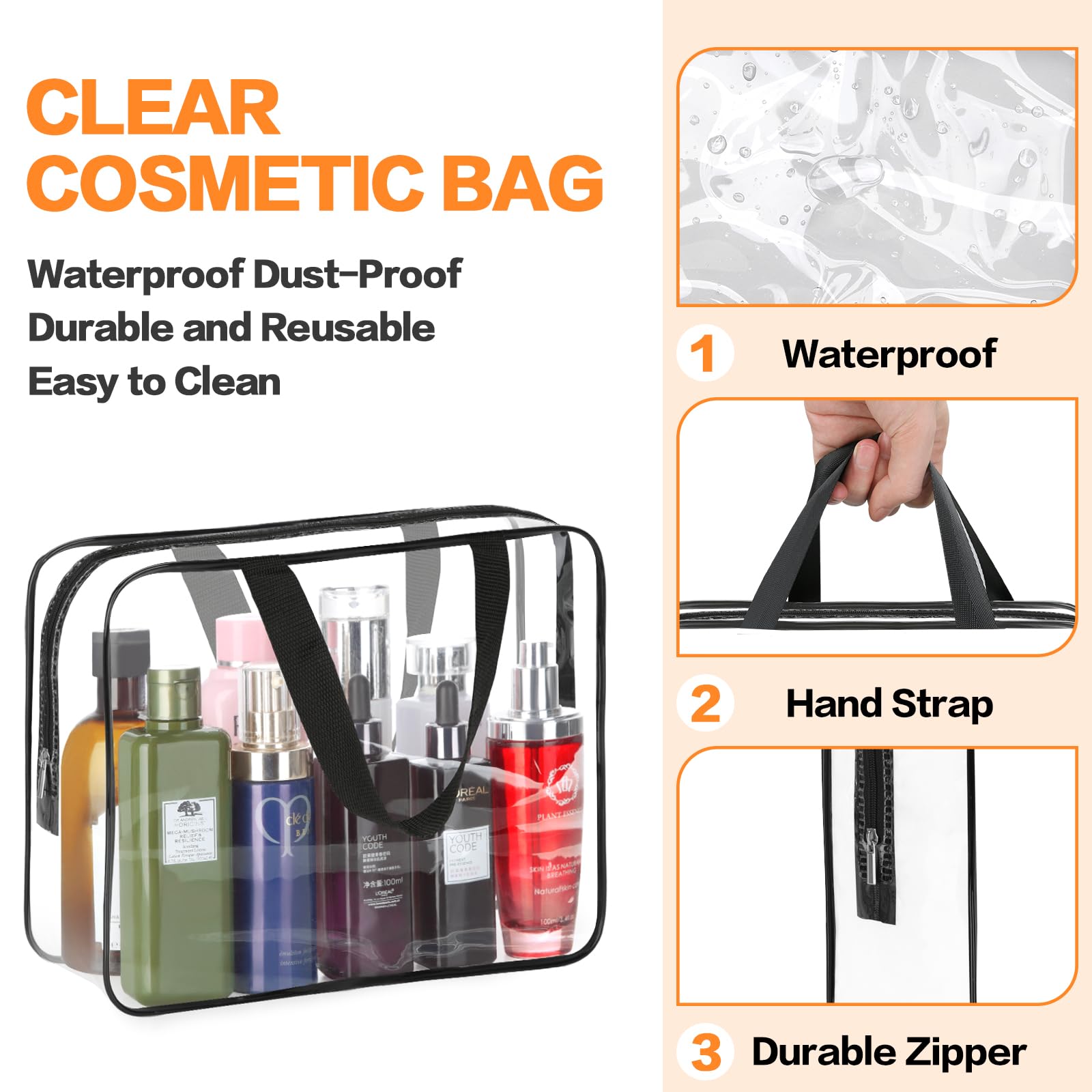 HAOGUAGUA 2-Piece Large Clear Waterproof Makeup Cosmetic Organizer Bag