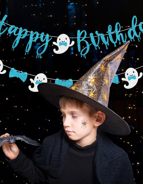 Load image into Gallery viewer, Vofrise Blue Halloween Birthday Banner Glitter Bow Tie Ghost Garland

