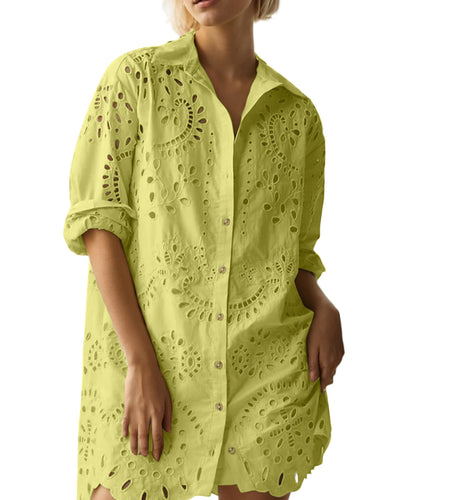 AIHUKOCY Women Hollow Out Button Down V Neck Long Sleeve Mini Dress Yellow M
