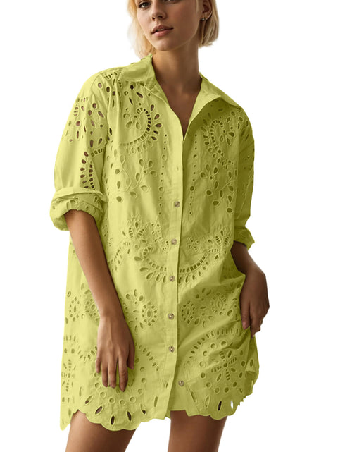 Load image into Gallery viewer, AIHUKOCY Women Hollow Out Button Down V Neck Long Sleeve Mini Dress Yellow M
