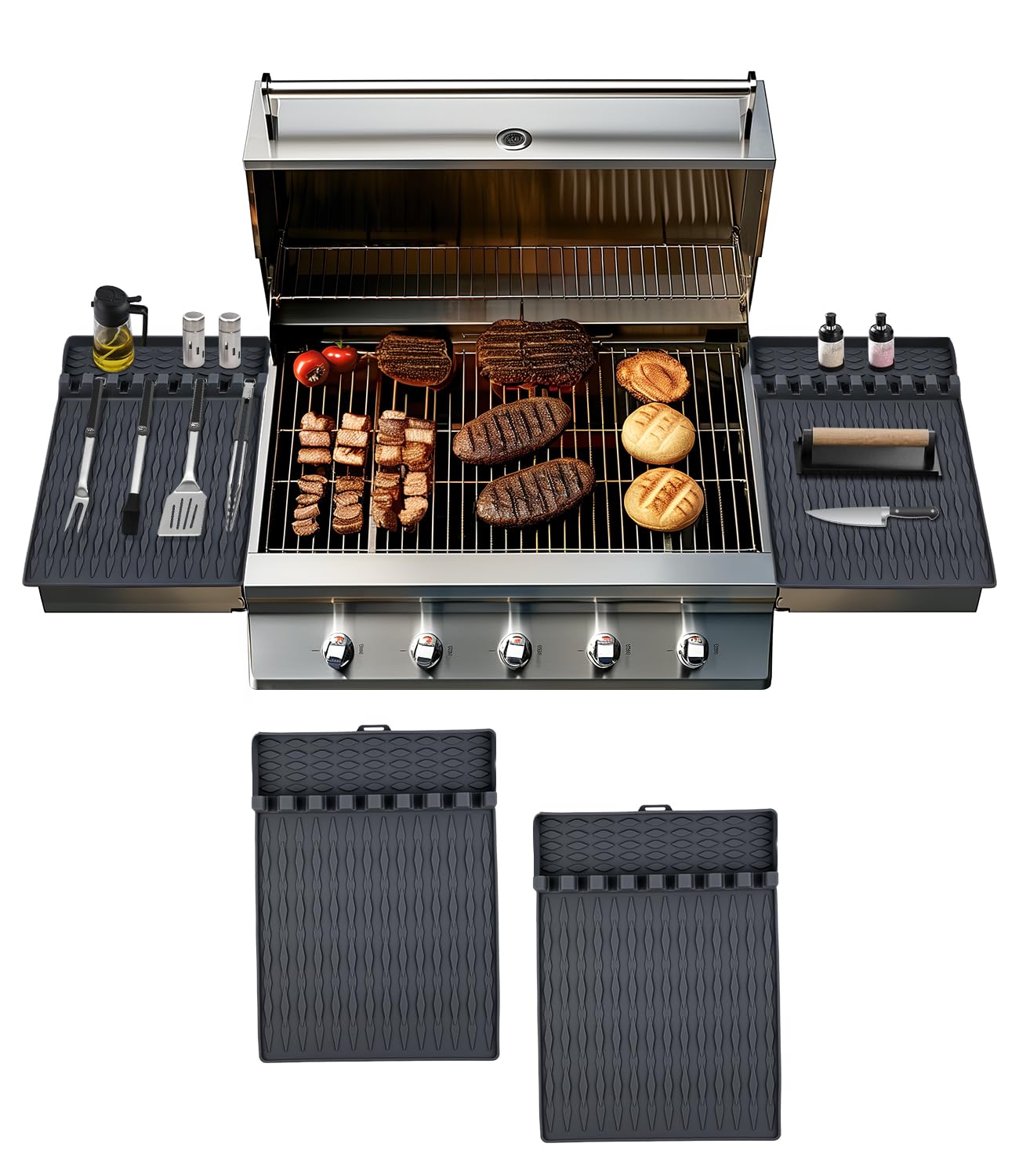 OURCABECUE Silicone Griddle Tools Mat Blackstone Gray 2PCS BBQ Utensils Holder