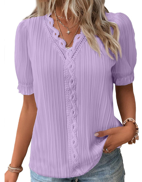 Load image into Gallery viewer, JUSTFASHIONNOW Summer Lace V Neck Short Sleeve Blouse Green Size M
