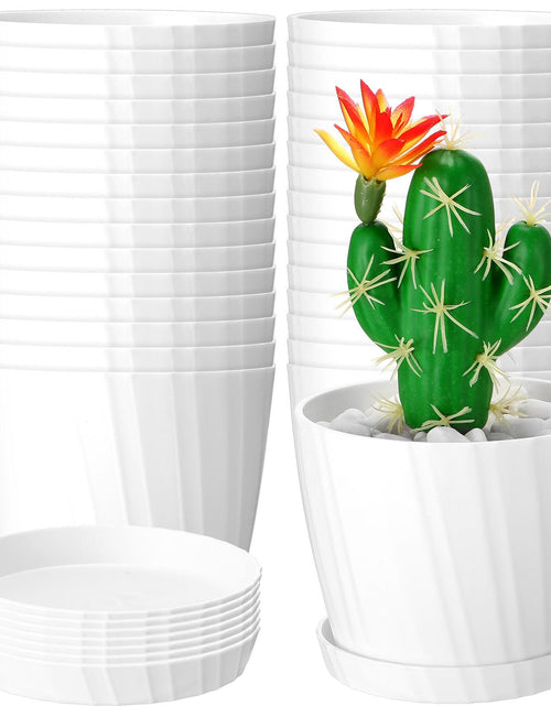 Load image into Gallery viewer, Layhit 30 Pcs 4.5 Inch White Plastic Plant Pots with Drainage Holes &amp; Saucers
