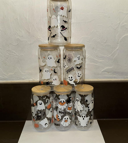 Acellegic Halloween Glass Cups 16oz Bamboo Lids Straws 12pcs White