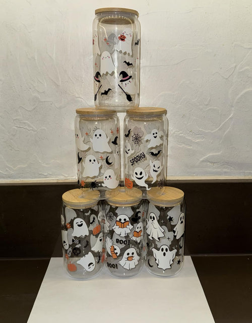 Load image into Gallery viewer, Acellegic Halloween Glass Cups 16oz Bamboo Lids Straws 12pcs White
