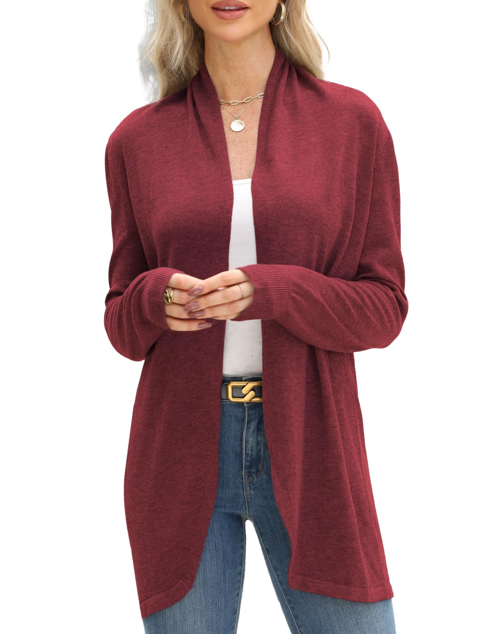 Vanfany Womens Lightweight Open Front Cardigan Knit Burgundy Size XL